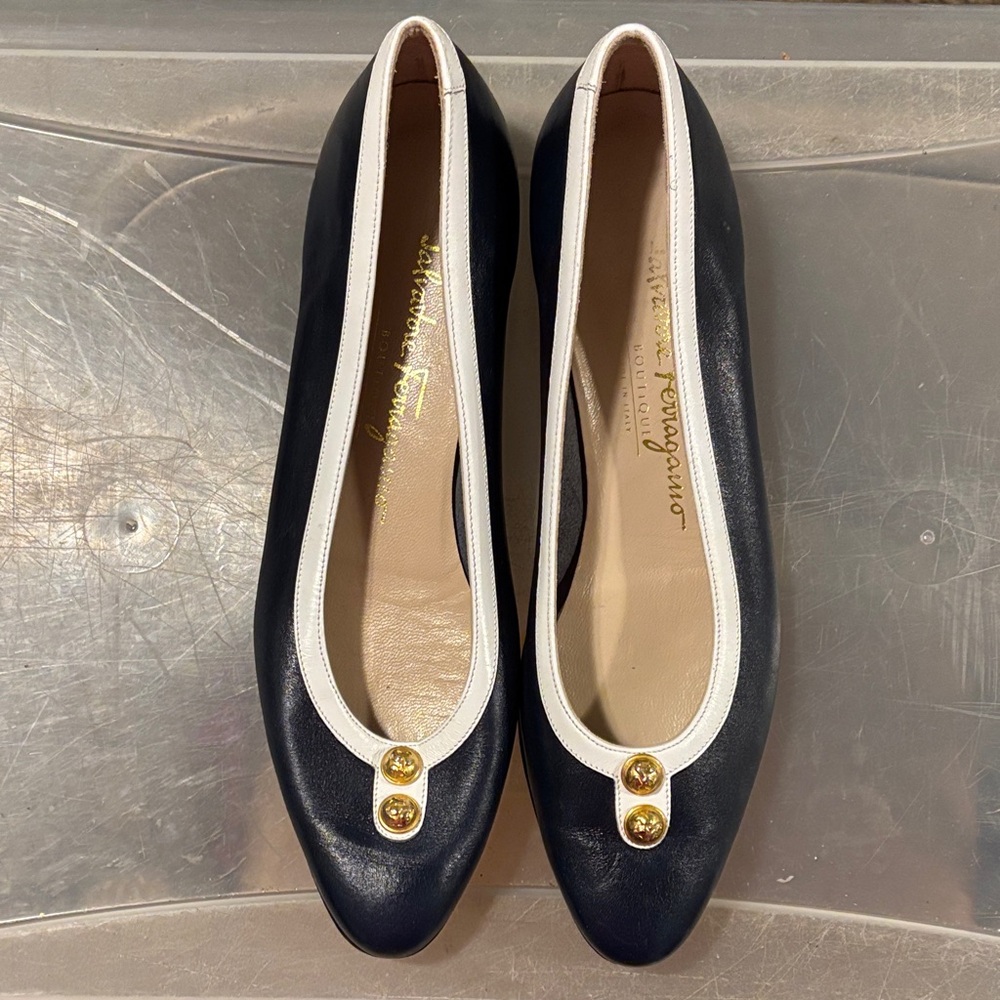 Salvatore Ferragamo Black and White Leather Ballet Flats with Gold Buttons